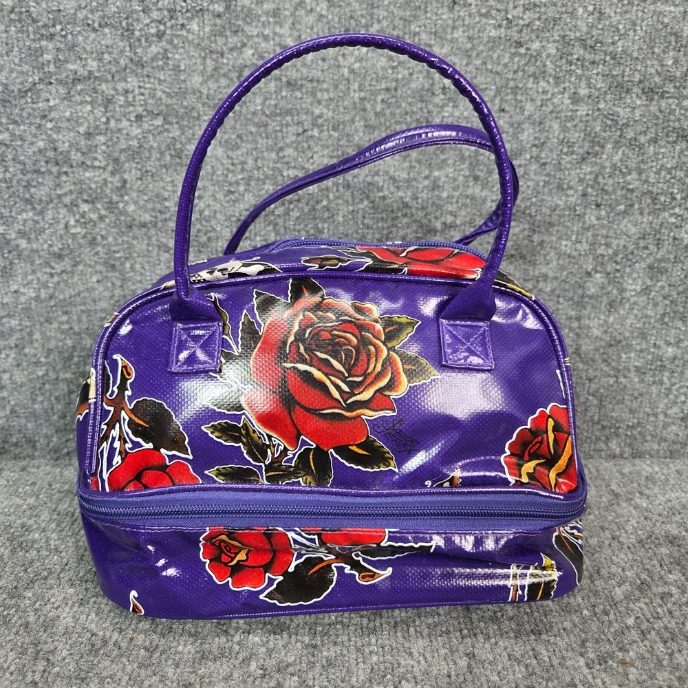 Sailor Jerry women's Bag Make up Case Purple flowers skulls pin up VTG y2k